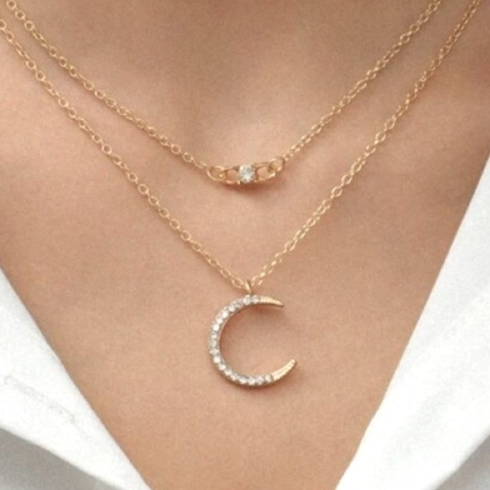 Sale! Minimalistic & Dainty Gold Tone Layered Rhinestone Crescent Moon Necklace
